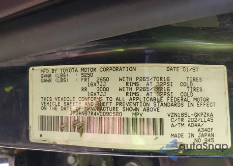 1997 Toyota 4Runner Sr5 V6 Limited from USA, damaged, VIN JT3HN87R4V0090580